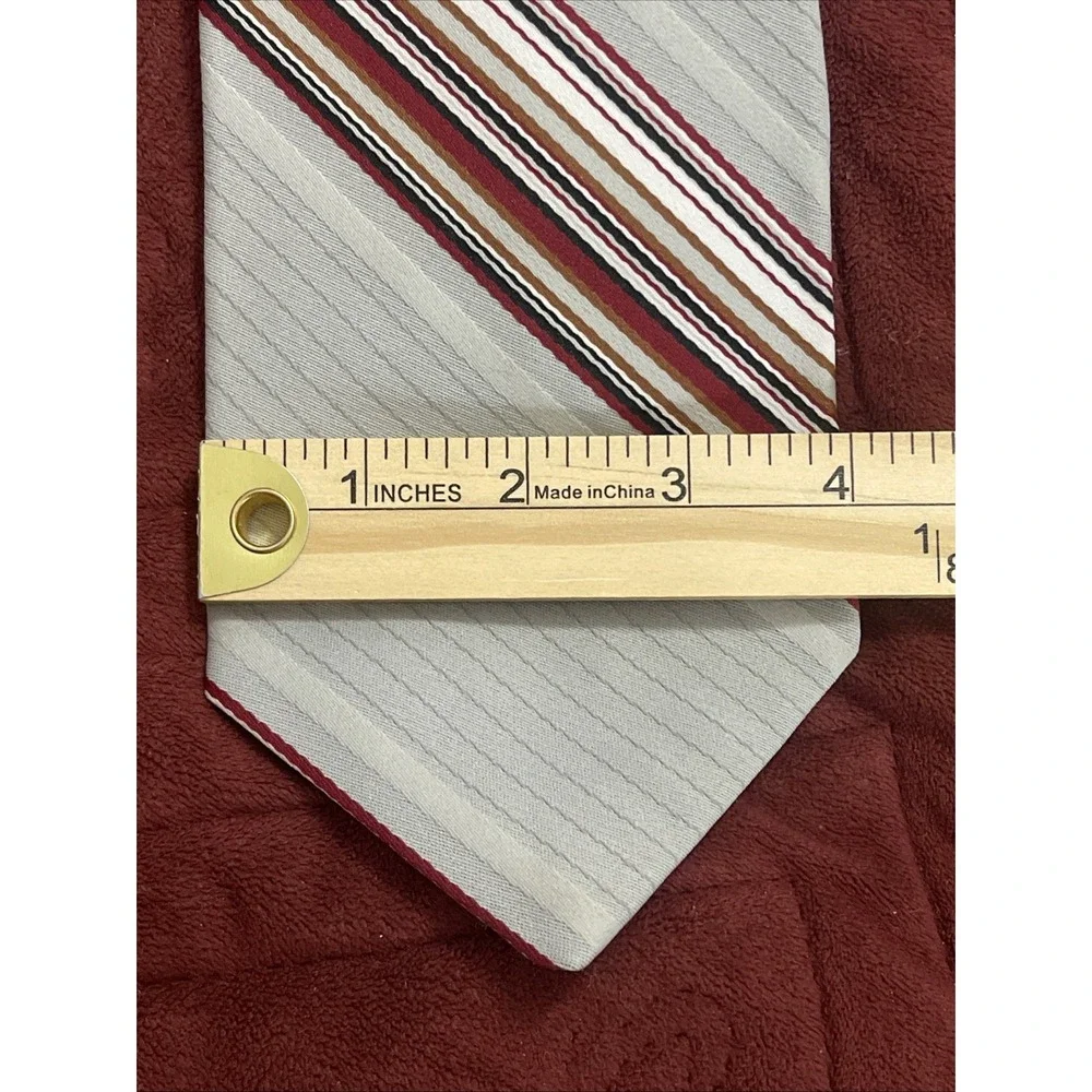 Par Excellence Men's Necktie Tie Polyester Gray W/Maroon & White Stripe Wide Vtg